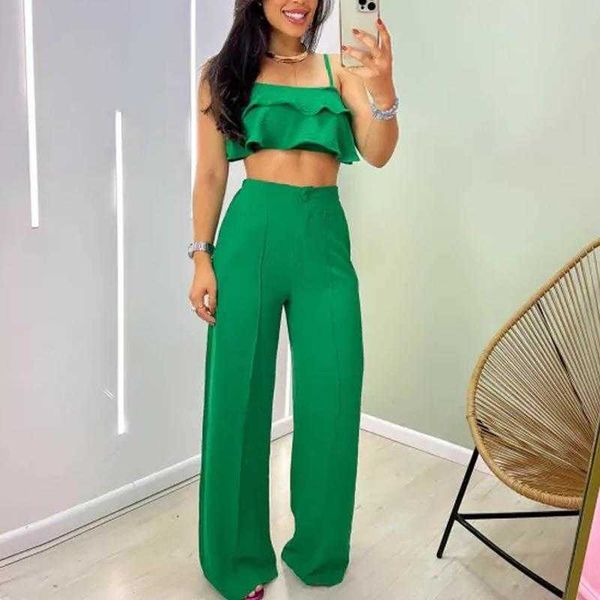 suit pleated pants ruffles suspender with solid color wide leg trousers two piece set, White
suit pleated pants ruffles suspender with solid color wide leg trousers two piece set, White