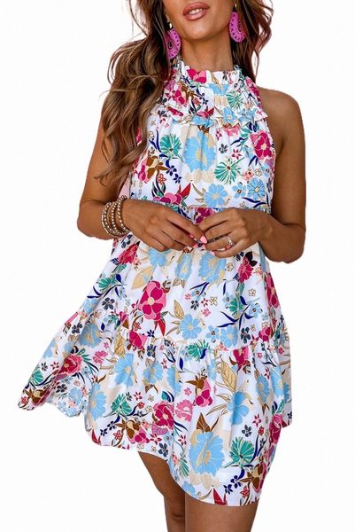 white frill mock neck sleeveless tiered floral dress o1t0#, Black;pink
