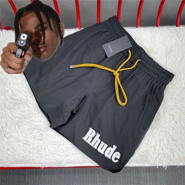 men's shorts new rhude beach shorts men women black mesh breeches drawstring embroidery shorts, White;black 
men's shorts new rhude beach shorts men women black mesh breeches drawstring embroidery shorts, White;black