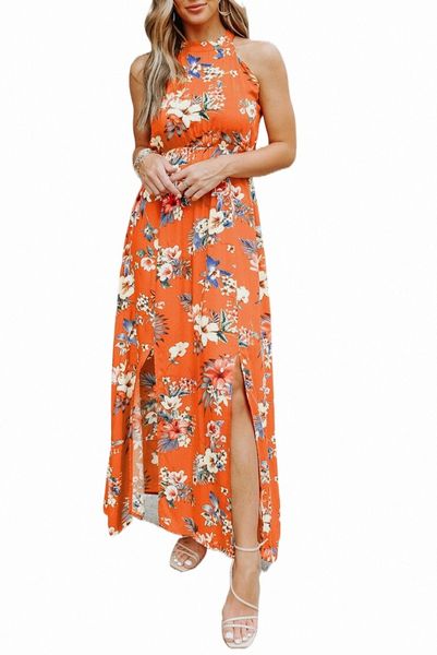orange halter neck sleeveless floral dress with slits e7ve#, Black;pink