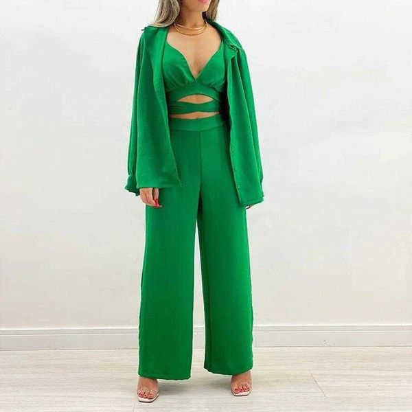 womens spring long sleeve pants shirt loose wide leg suit tied spaghetti strap three piece, White
womens spring long sleeve pants shirt loose wide leg suit tied spaghetti strap three piece, White