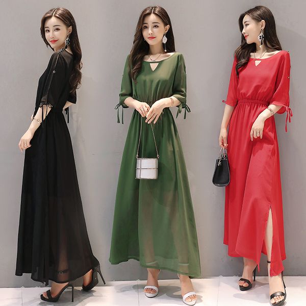 chiffon dress summer new light, thin, breathable, fashionable style, waist closing, slim long dress for women fashion, Black