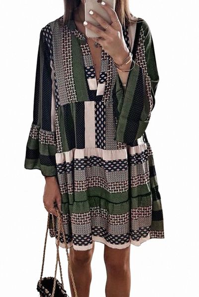 green geometric print v neck flare half sleeve ruffle swing mini dress y1qh#, Black;pink
green geometric print v neck flare half sleeve ruffle swing mini dress y1qh#, Black;pink