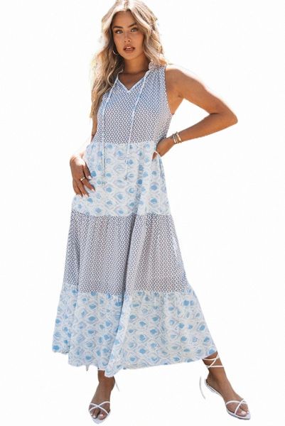 sky blue abstract print split neck sleeveless maxi dress q2ks#, Black;pink