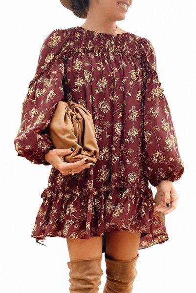 red ruffled puff sleeve high low floral babydoll dress m4ct#, Black;pink