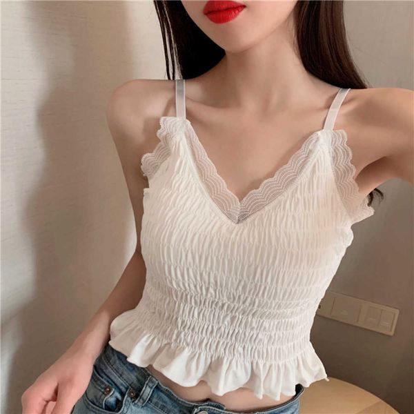 net red new french ruffled lace small strap tank with chest pads outer wear bottom beautiful back wrapped bra underwear, White
net red new french ruffled lace small strap tank with chest pads outer wear bottom beautiful back wrapped bra underwear, White