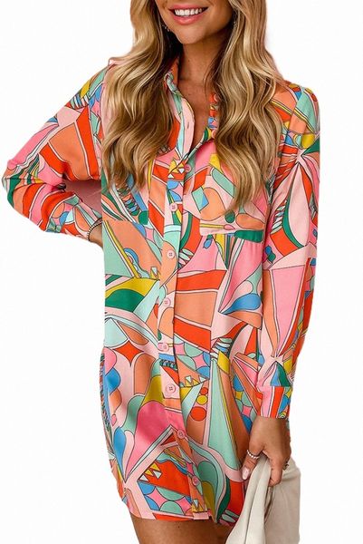 multicolor geometric abstract print long sleeve shirt dress g1ow#, Black;pink