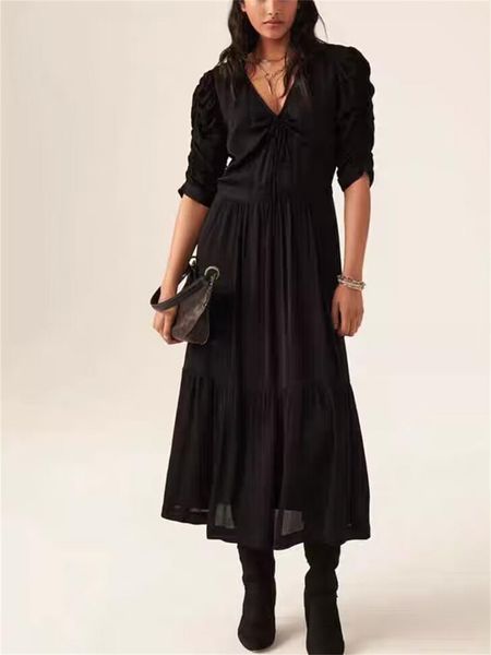 dresses women's black midi dress vneck pleated half sleeve high waist female drawstring robe spring summer 2023, Black;gray
dresses women's black midi dress vneck pleated half sleeve high waist female drawstring robe spring summer 2023, Black;gray