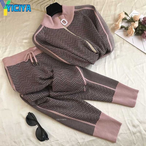 yiciya autumn women geometric knitting tracksuit zipper cardigans jacket+ pants female winter fashion design 2pcs sports set, White 
yiciya autumn women geometric knitting tracksuit zipper cardigans jacket+ pants female winter fashion design 2pcs sports set, White