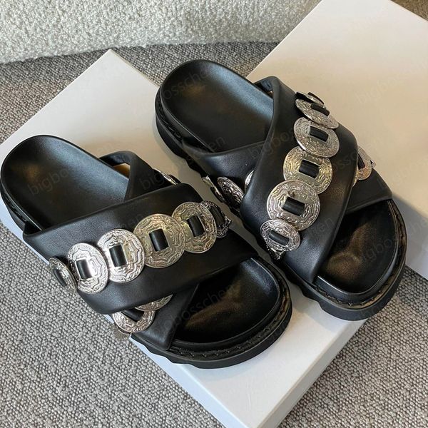 luxury designer slippers ladies luxury brand toga thick bottom studded metal piece punk wind flat sandals summer fashion platform casual ser, Black 
luxury designer slippers ladies luxury brand toga thick bottom studded metal piece punk wind flat sandals summer fashion platform casual ser, Black