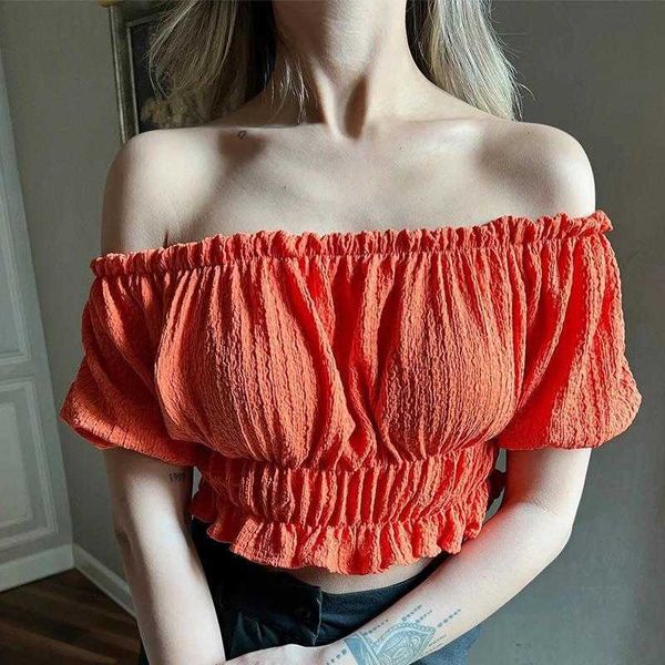 shirt womens wooden ear off neck tight waist solid color short sleeve spring and summer, White
shirt womens wooden ear off neck tight waist solid color short sleeve spring and summer, White