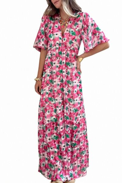 pink wide sleeves floral print maxi dress 2023 new z6k2#, Black;pink