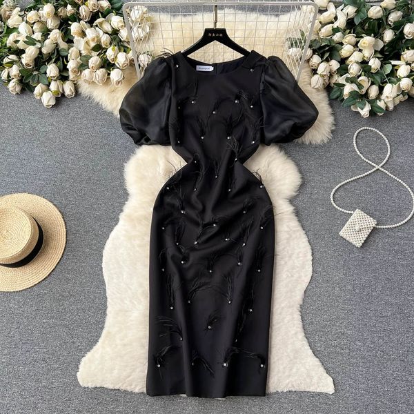 light luxury celebrity style dress summer bubble sleeves beaded feather design feel split slim fit small spicy girl dress, Black;gray
light luxury celebrity style dress summer bubble sleeves beaded feather design feel split slim fit small spicy girl dress, Black;gray