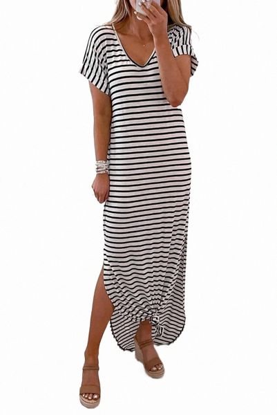 black striped print side split short sleeve v neck maxi dress d2mj#, Black;pink