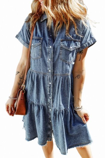 gray buttoned frayed pocket short sleeve denim dress v5yh#, Black;pink