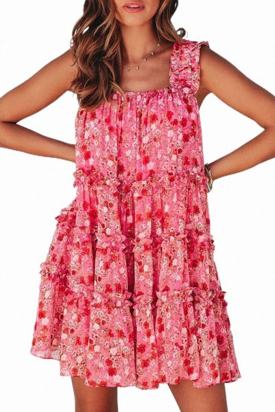 red tiered ruffled square neck sleeveless floral mini dress c7lu#, Black;pink
red tiered ruffled square neck sleeveless floral mini dress c7lu#, Black;pink