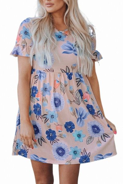 pink ruffled short sleeve floral dress 2023 new 57gc#, Black;pink