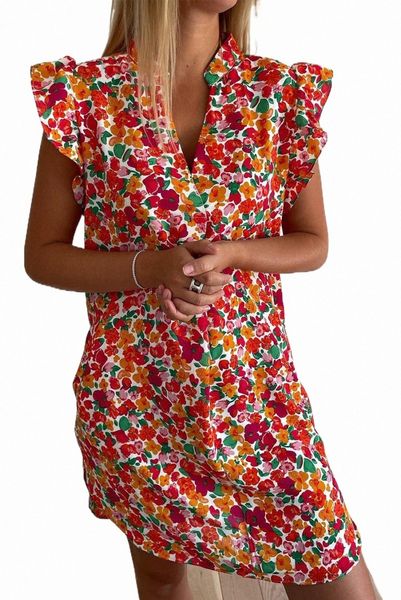 red ruffle sleeve v-neck floral dress 2023 new m79l#, Black;pink 
red ruffle sleeve v-neck floral dress 2023 new m79l#, Black;pink