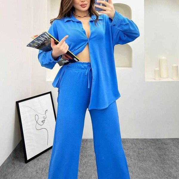 solid color pants long sleeve shirt outfit women wholesale loose thread tight waist lace up trousers two piece set, White
solid color pants long sleeve shirt outfit women wholesale loose thread tight waist lace up trousers two piece set, White