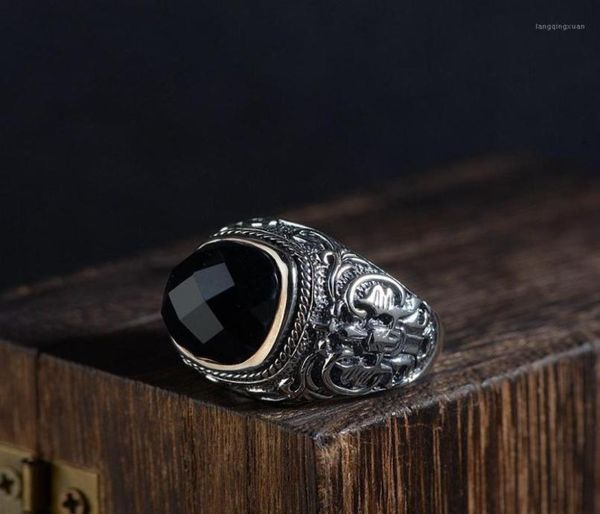 

cluster rings fnj 925 silver black agate stone ring fashion s925 sterling thai for men jewelry usa size 81214494058, Golden;silver