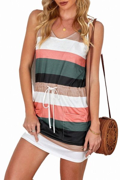 black spaghetti straps striped drawstring waist mini dress g4u2#, Black;pink