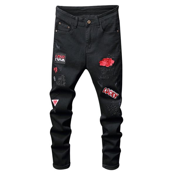 mens jeans sokotoo red flower letters embroidery black jeans fahion badge stretch denim pants 230516, Blue
mens jeans sokotoo red flower letters embroidery black jeans fahion badge stretch denim pants 230516, Blue