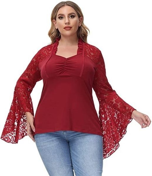 women's plus size tshirt women blouse retro lace flared sleeve tshirt fashion casual solid color long elegant large shirts 230517, Black
women's plus size tshirt women blouse retro lace flared sleeve tshirt fashion casual solid color long elegant large shirts 230517, Black