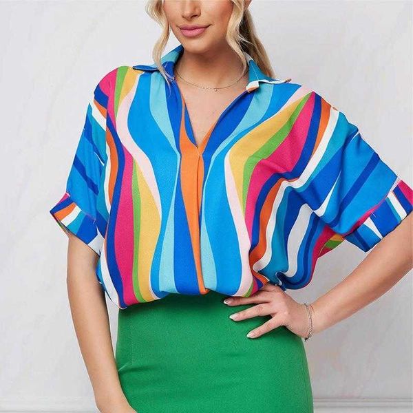 short sleeved shirt womens striped printed pullover loose top, White
