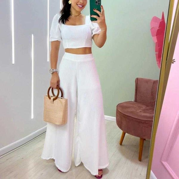 summer pants puff sleeve short temperament midriff baring with solid color wide leg two piece suit, White
summer pants puff sleeve short temperament midriff baring with solid color wide leg two piece suit, White