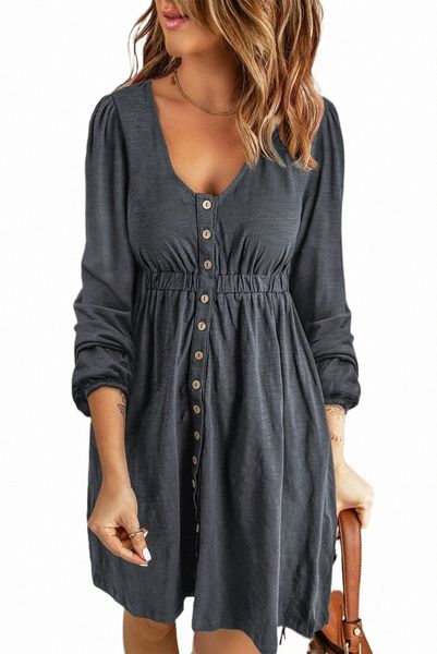 gray button up high waist long sleeve dress 2023 new p2mh#, Black;pink