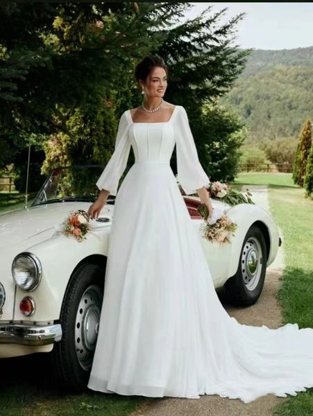 new long-sleeved delicate chiffon flowing simple noble elegant fold beautiful square collar party wedding dress, White
new long-sleeved delicate chiffon flowing simple noble elegant fold beautiful square collar party wedding dress, White