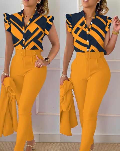 women's two piece pants womens two piece sets outfit geometric print flutter sleeve pants set with belt fashion summer casua suit 23051, White
women's two piece pants womens two piece sets outfit geometric print flutter sleeve pants set with belt fashion summer casua suit 23051, White