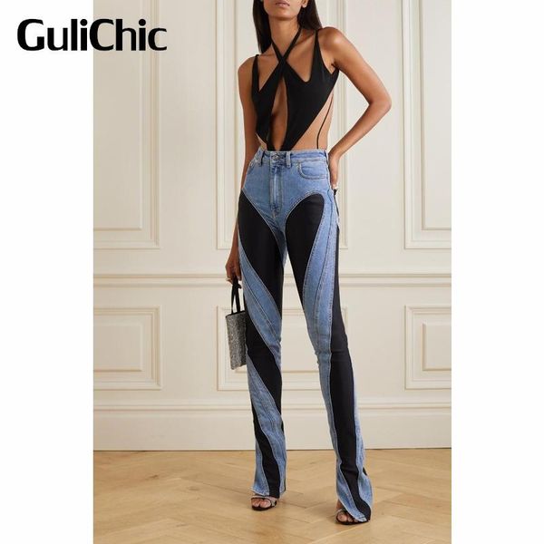 jeans 8.25 gulichic women casual high street cotton slim patchwork contrast color split flared jeans, Blue
jeans 8.25 gulichic women casual high street cotton slim patchwork contrast color split flared jeans, Blue