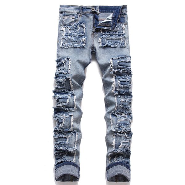 men's jeans punk trend blue hole slim seans autumn stickers fashion biker pencil pants midwaists casual men clothing 230517
men's jeans punk trend blue hole slim seans autumn stickers fashion biker pencil pants midwaists casual men clothing 230517
