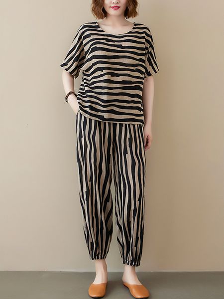 women's two piece pants cotton vintage striped summer casual 2 two piece set short sleeve loose t-shirt women t shirt femme harem pant, White
women's two piece pants cotton vintage striped summer casual 2 two piece set short sleeve loose t-shirt women t shirt femme harem pant, White