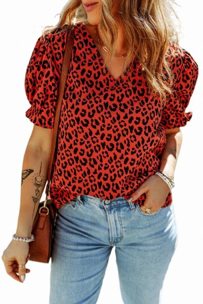 brown short puff sleeves v neck leopard print d6yp#, White
brown short puff sleeves v neck leopard print d6yp#, White