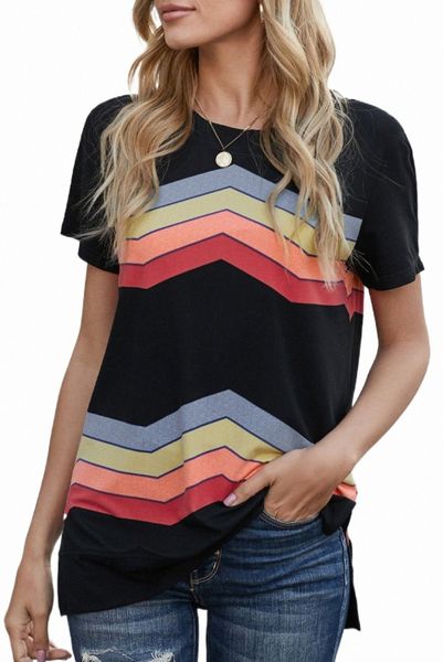 black colorful wavy stripes print short sleeve tee v64u#, White
black colorful wavy stripes print short sleeve tee v64u#, White