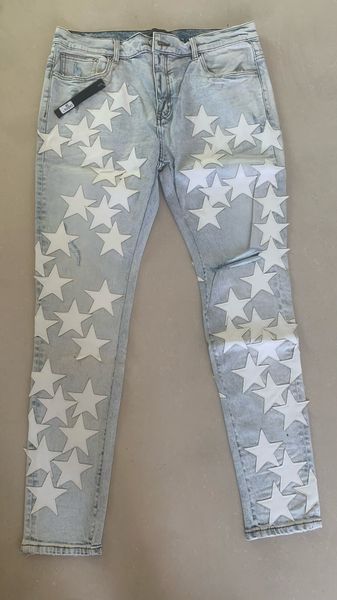 men's jeans high street fashion brand white stars patchwork leather ripped slim fit men size 38 230517, Blue
men's jeans high street fashion brand white stars patchwork leather ripped slim fit men size 38 230517, Blue