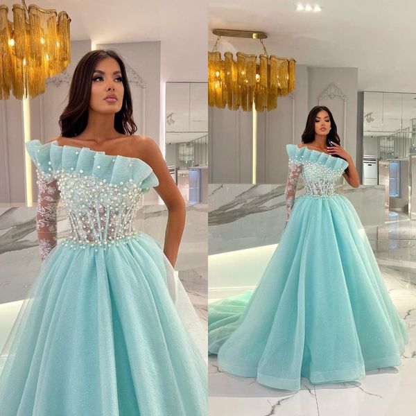 one shoulder prom dresses 2023 arabic pearls long sleeve evening gowns chic women tulle light green party dress, Black
one shoulder prom dresses 2023 arabic pearls long sleeve evening gowns chic women tulle light green party dress, Black