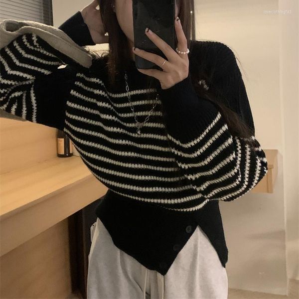 women's t shirts 2023 early autumn korean style loose pullover striped women's knitwear design breasted hem sweater for women, White
women's t shirts 2023 early autumn korean style loose pullover striped women's knitwear design breasted hem sweater for women, White