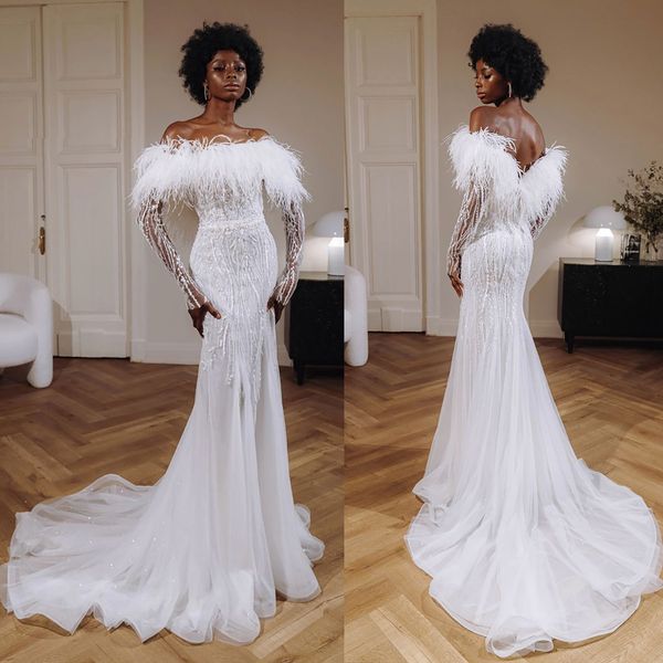 feathers mermaid wedding dresses strapless lace mermaid bridal gown custom made long sleeves appliques wedding gowns, White
feathers mermaid wedding dresses strapless lace mermaid bridal gown custom made long sleeves appliques wedding gowns, White