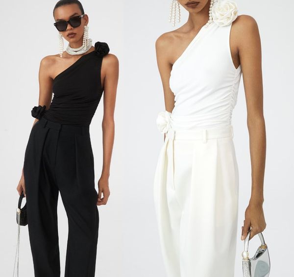 designer women's t shirts 2023 hand knotted flower appliques high elastic slim pleated women diagonal shoulder bottom vest, White
designer women's t shirts 2023 hand knotted flower appliques high elastic slim pleated women diagonal shoulder bottom vest, White