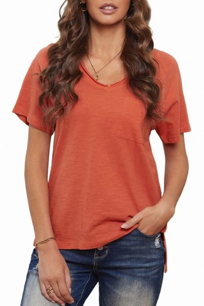 orange v neck short sleeves cotton blend tee with front pocket and side slits j0pt#, White
orange v neck short sleeves cotton blend tee with front pocket and side slits j0pt#, White
