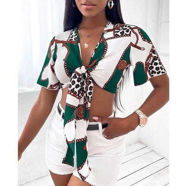 womens shirt bow lace up summer short sleeved printed top, White