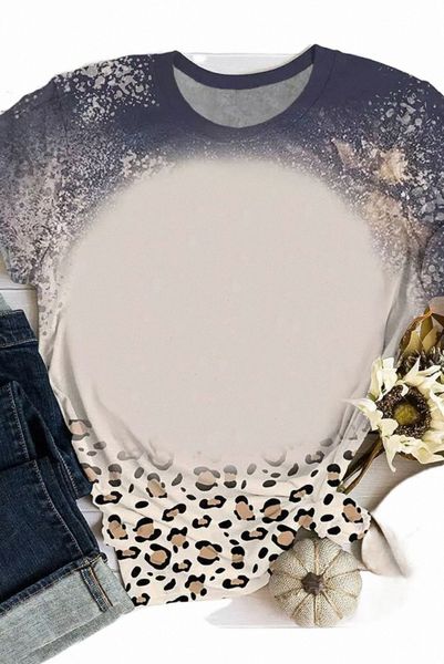blue bleached leopard hem short sleeve tee 2023 new 44wk#, White