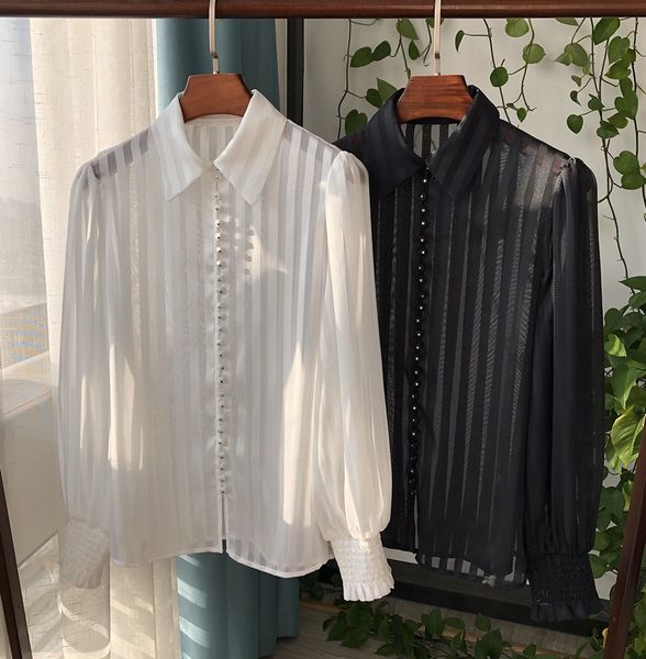 women's blouses shirt whiteblack contrast stripe multi buttoned microtransparent blouse ladies long sleeve lapel 230517, White
women's blouses shirt whiteblack contrast stripe multi buttoned microtransparent blouse ladies long sleeve lapel 230517, White