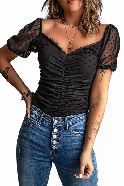 black dotted print ruched puff sleeve 2023 new g7jr#, White