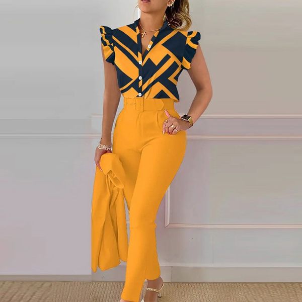 women's two piece pants elegant v-neck ruffle sleeve and belt long pants suits office slim fit two piece set summer casual women outfit, White
women's two piece pants elegant v-neck ruffle sleeve and belt long pants suits office slim fit two piece set summer casual women outfit, White