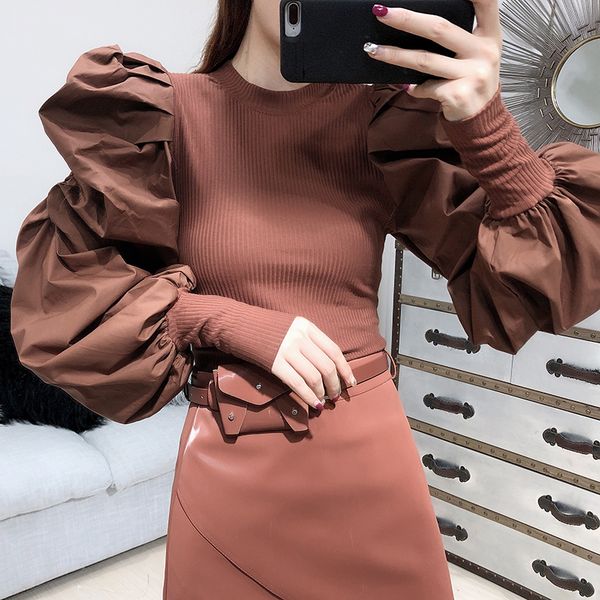 women's blouses shirts ihobby women puff sleeve knitting slim sweater round neck patchwork fashion streetwear blusas korean clothing 23, White 
women's blouses shirts ihobby women puff sleeve knitting slim sweater round neck patchwork fashion streetwear blusas korean clothing 23, White