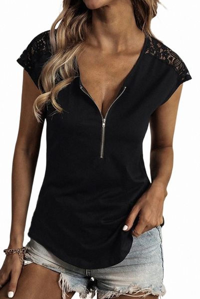 black zip neck lace splicing short sleeve tee c5jj#, White 
black zip neck lace splicing short sleeve tee c5jj#, White